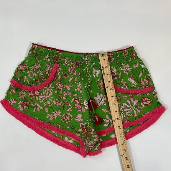 Poupette St Barth Boxer Lulu Shorts Size L Green Floral Pink Fringe Trim EUC - Picture 6 of 11